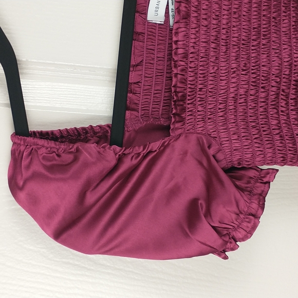 NEW Sabrina Square Neck Satin Smocked Puff Sleeve Crop Top Ruffle Trim Womens XS - Picture 6 of 11